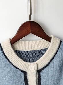 Franclia 女士撞色圆领开衫，春秋 - 藍白色 - 查看 4