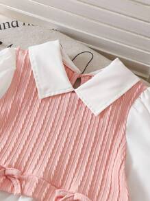 Young Girl Bow Decor 2 In 1 Long Sleeve Shirt And Flare Pants Cute Set - Multicolor - View 3