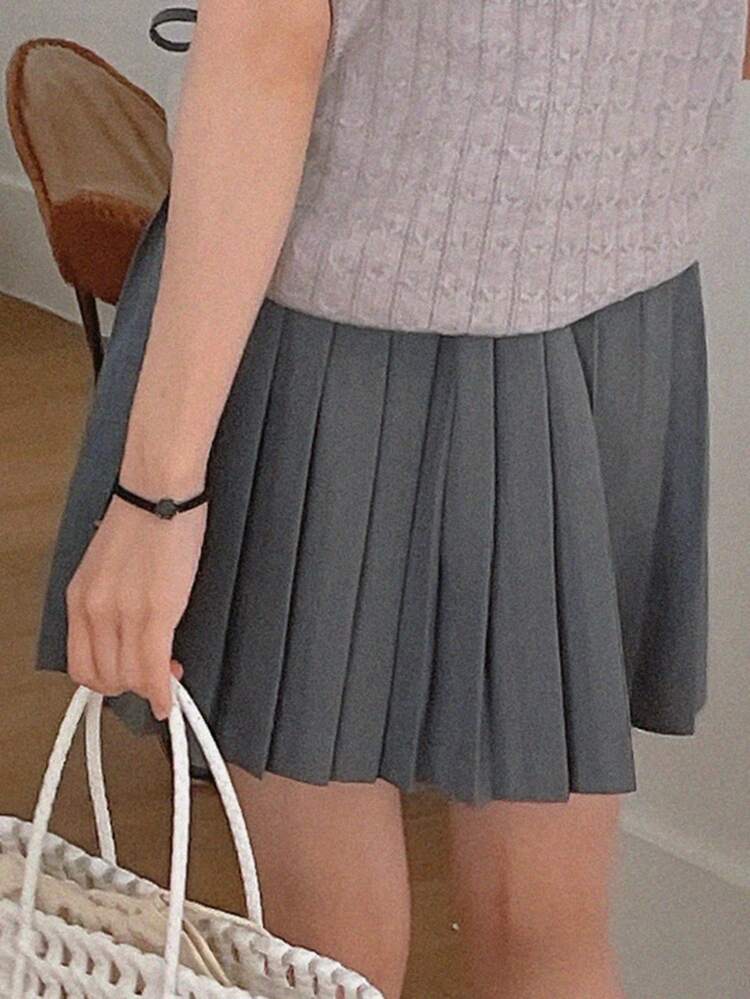 Solid Color Bowknot Pleated Casual A-Line Skirt, Versatile College Style