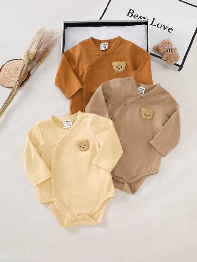 SHEIN 3件套新生男宝宝秋季休闲纯色长袖T恤，可爱小熊卡通连体衣套装，秋冬款