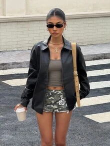 Muchica 女士秋季新款黑色PU宽松外套，落肩拉链PU短款皮夹克，适合街头穿着 - 黑色 - 查看 4