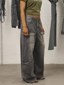 COUREZ 灰色水洗低腰工装牛仔裤/Y2K低腰牛仔裤外出穿搭街头风棉质复古秋季女装秋季服装 - 灰色 - 查看 4