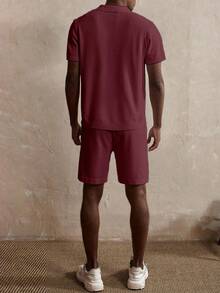 Manfinity Homme Men's Solid Color Short Sleeve Knit Top And Knit Shorts Casual Co-Ord Set , Fall Clothes - Burgundy - View 2