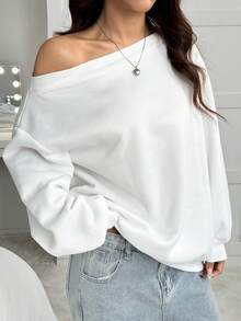 SHEIN EZwear Áo nỉ lót nhiệt cổ chéo, dáng rộng, chất liệu cotton pha trộn màu trắng, dáng rộng thoải mái cho nữ - Áo thu đông ấm áp mặc ở nhà, phong cách dịu dàng, sạch sẽ, trường học, tiệc ký túc xá, thể thao, phòng tập và thời trang đường phố - Nhiều màu - Xem 7
