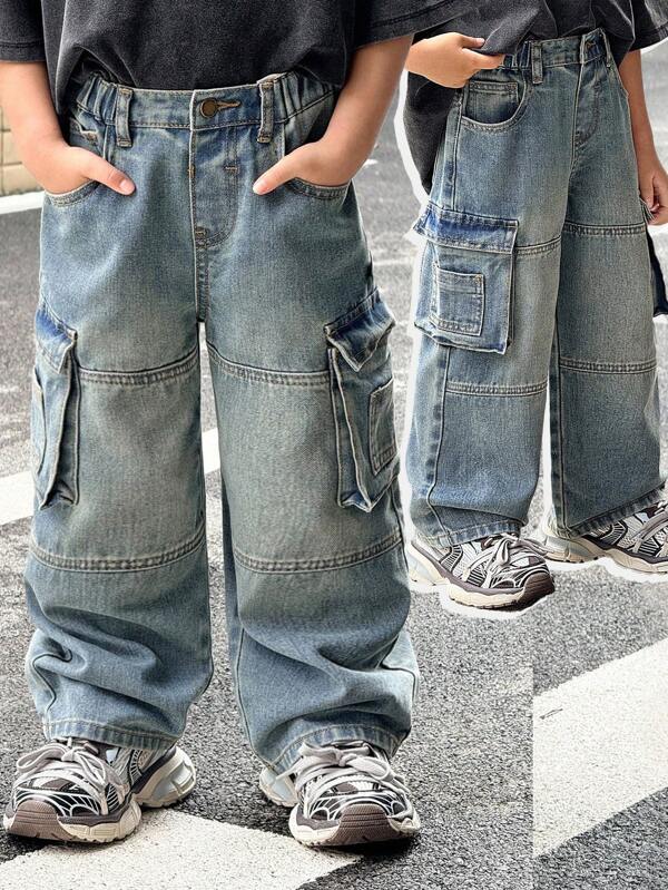 SHEIN Young Boy Fall And Winter Vintage Distressed Street Cool Style Korean Style Retro Blue Denim Split Design Loose Fit Straight Leg Cargo Jeans,New Products,For Kids Fall Clothes,Boys Back To School Clothes,Boys Streetwear Outfits