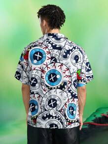 MADBALLS X SHEIN 男士卡通图案前扣休闲短袖衬衫 - 白色 - 查看 2