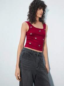 Maija Camiseta sin tirantes casual con decoración de mariposa, para uso diario, Día de San Valentín, Festival - Burdeos - Ver 6