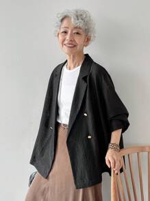 FRIFUL Damen Schwarze einfarbige Loose Fit Lässig Blazer Jacke mit Doppelreiher, Business Outfit