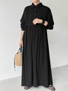 FRIFUL Women's Black Shirt Collar Drop Shoulder Long Sleeve Pleated Loose Casual Versatile Maxi Dress,Autumn Modest Mother Office Business Autumn/Winter - Black - View 5