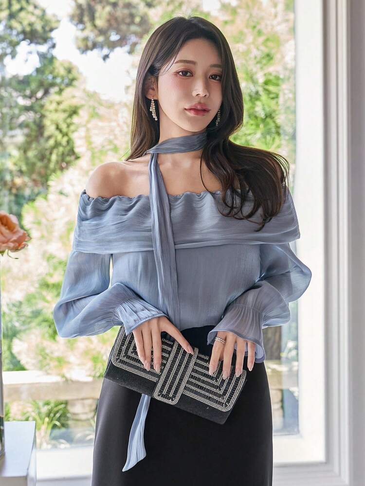 Women's Casual Loose Solid Color Long Sleeve Blouse (With Scarf)