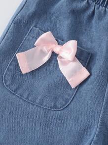 SHEIN 女婴蝴蝶结卡通印花牛仔裤，适合春秋季节和所有季节的休闲裤 - 彩色 - 查看 5