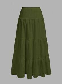 SHEIN MOD 休闲纯色军绿色女式A字裙，适合春、夏、秋季 - 軍綠色 - 查看 2