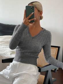 DAZY Áo len chui đầu dệt kim cáp ngắn bó sát có mũ trùm đầu cho nữ, quần áo mùa thu cho nữ, áo crop top cho nữ - Xám - Xem 6