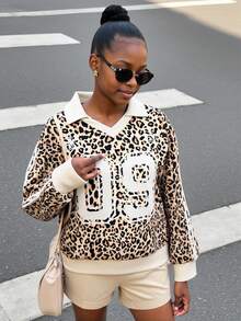 Tween Girl Numeric Leopard Print Loose Fit Long Sleeve Sweatshirt Fall Winter - Brown - View 7