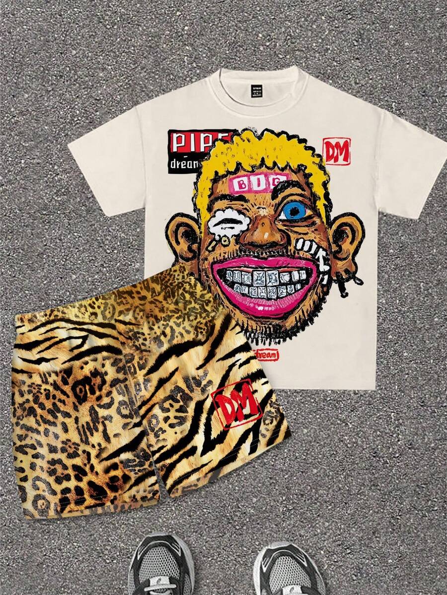 SHEIN 说唱歌手，涂鸦肖像，虎纹，钻石，富丽堂皇，街头风格。儿童精选系列，日常基础款，快乐童装，柔和色彩，骑行风，家庭旅行，快乐时光，我爱妈妈，我爱爸爸，可爱的家，酷酷的童装，青少年男孩休闲简约短袖圆领两件套，适合夏季