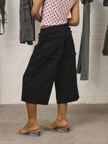 COUREZ 低腰长款宽松牛仔短裤，做旧细节 / Y2K 秋季女装街头复古阔腿裤 - 深色水洗藍 - 查看 6