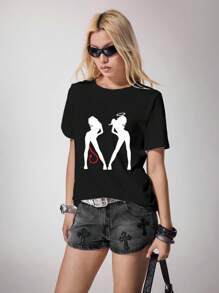 BiGraphic Women's Casual Angel & Devil Graphic Round Neck Short Sleeve T-Shirt, Summer Women Graphic Tshirt Women Tshirts Woman Graphic Tees Angel And Devil Tshirt Angel Devil Graphic Tee Suitable For Going Out - Black - View 3