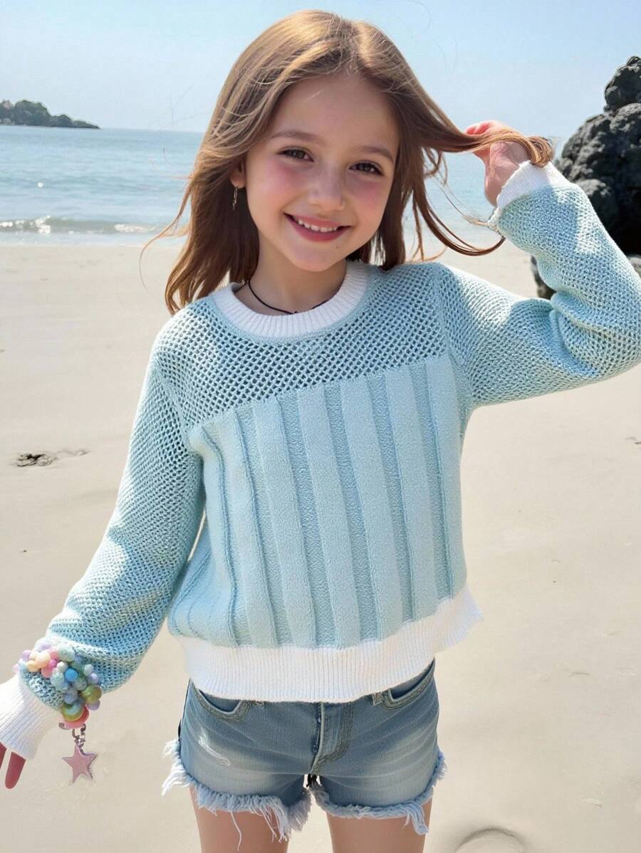 Minimalist Crew Neck Loose Cable Knit Long Sleeve Sweater For Everyday Wear, Autumn/Winter Pastel Sweater Blue And White Sweater - Blue - View 1