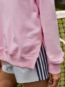 Menodora SHEIN Sport Women's Casual Plain Color Pink Hoodie, Versatile,Back To School,Autumn,Cotton Tops - Pink - View 7