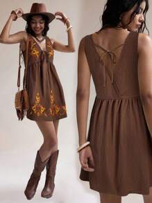 Easelle 2025夏季游牧刺绣连衣裙飘逸裙 - 棕色 - 查看 1