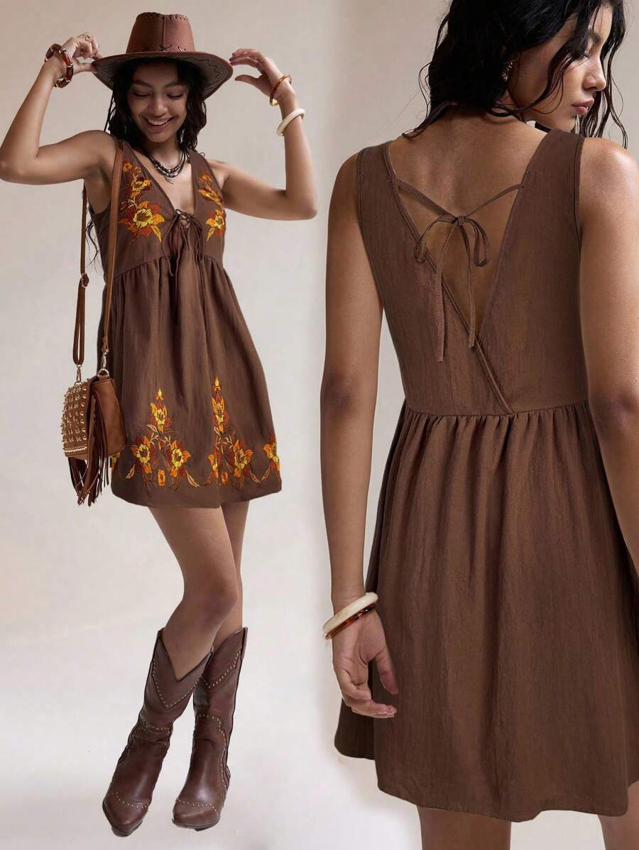 Easelle 2025夏季游牧刺绣连衣裙飘逸裙 - 棕色 - 查看 1