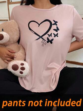 SHEIN Blusa casual de punto con estampado de corazones y mariposas en talla grande