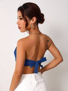 SHEIN Frenchy Women's Blue Backless Tube Denim Top, Front Short Back Long Denim Strap Tube Top Summer Vacation - Dark Wash - View 2