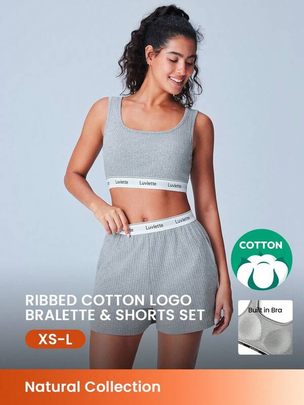 LUVLETTE Seturi de pijamale aerisite pentru femei, gri, din bumbac moale, cu cupe încorporate, sutien și pantaloni scurți, cu talie elastică și buzunare, seturi de antrenament, lenjerie intimă ca îmbrăcăminte de exterior