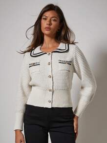 COSMINA Women's Contrast Color Striped Metal Button Thin Cardigan, Autumn/Winter - Black and White - View 4