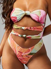 MISSGUIDED Traje de baño de una pieza con nudo floral, corte lateral, monokini tropical hawaiano con envoltura para playa y vacaciones