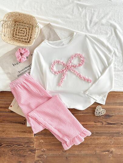 2件套少女可爱蝴蝶结装饰长袖上衣和裤子睡衣套装