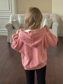 SHEIN Chaqueta de punto con capucha de unicolor informal para niña en otoño/invierno - Rosa - Ver 8