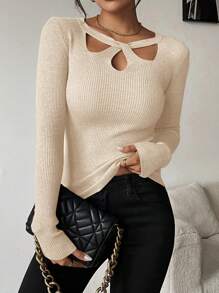 SHEIN Clasi 女式立领镂空纯色打底套头衫商务休闲女士工作服秋季婚礼宾客礼服， - 米色 - 查看 4