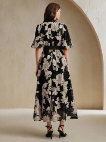 Anewsta Damen Schwarzes & Goldenes romantisches, elegantes Maxikleid mit ausgeschnittenen Ärmeln und V-Ausschnitt, Sommer - schwarzes Gold - Übersicht 2