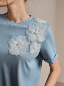 Anewsta 优雅淑女白色花卉 3D 弹力 T 恤，女款，春夏