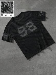 PAVTROS 男士夏季休闲镂空针织圆领短袖数字图案上衣 - 黑色 - 查看 1