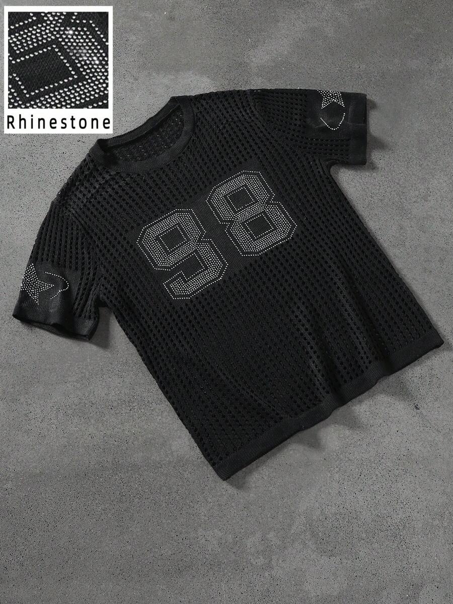 PAVTROS 男士夏季休闲镂空针织圆领短袖数字图案上衣 - 黑色 - 查看 1