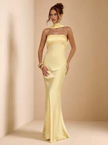 SHEIN BAE Elegant Pale Yellow Satin Halter Backless Maxi Dress For Women,Summer Dining Cocktail Party Wedding Guest Formal Occasion Bridesmaid Birthday Gown - Yellow - View 4