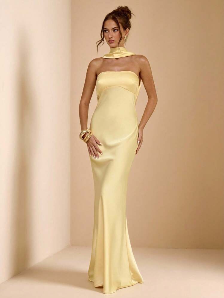 SHEIN BAE Vestido de satén amarillo sólido y sexy, con escote halter y espalda descubierta, largo hasta el suelo, adecuado para fiestas, cócteles, ocasiones formales, dama de honor, cumpleaños, primavera/verano - Amarillo - Añade 4