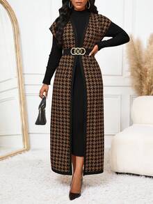 SHEIN Lady CURVE 棕色千鸟格撞色条纹开衫外套女背心上衣春夏秋季百搭单品大码夹克 - 棕色 - 查看 2