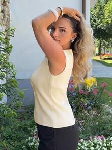 Jeta Ari 女式休闲纯色前扣无袖针织上衣，夏季 - 杏色 - 查看 6