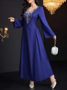 Al Najma 女式拼接 V 领长袖系带简约休闲长款朴素连衣裙 - 寶藍色 - 查看 5