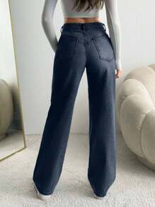 EURMUSE Jeans droits à taille haute lavés pour femmes - Jean brut - Voir 2