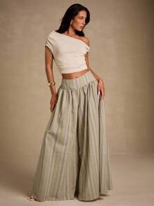 Glamine 女款杏色条纹低腰阔腿裤，时尚度假风 - 彩色 - 查看 3