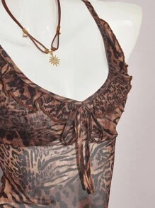 SHEIN ICON 女士豹纹蕾丝边 V 领吊带背心，性感 Y2K 风格 - 彩色 - 查看 9