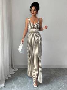 Elenzga 休闲条纹腰带女式连体裤