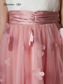Glamorique Kids Young Girl Birthday Party Princess Dress Piano Performance Tulle Dress, Stylish Flower Girl Wedding Pageant Ceremony Show Outfit Pink Flower Girl Dresses Girls Pink Dress With 3d Flowers Long Dresses For Kids Long Flower Girl Dress