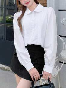 SHEIN 少女干净女孩 Y2K 风格长袖纯色荷叶边领甜美衬衫，适合春、夏、秋、冬、休闲、街头、通勤 - 白色 - 查看 6