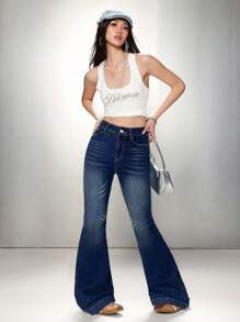 SHEIN EZwear Women's Casual Skinny Stretch Flare Jeans, Blue Flare Jeans Women - Dark Wash - View 3