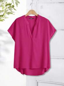 Rusticease Plus Notch Neck Dip Hem Top - Hot Pink - View 1
